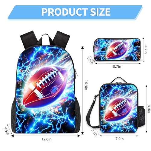 3PCS Boys Backpack, Kids Back To School Backpack with Lunch Box Pencil Case Set, Cool Football Backpack for Boys Teens, 17" Schoolbag Bookbag for Elementary Middle High School Students - color: Light Football