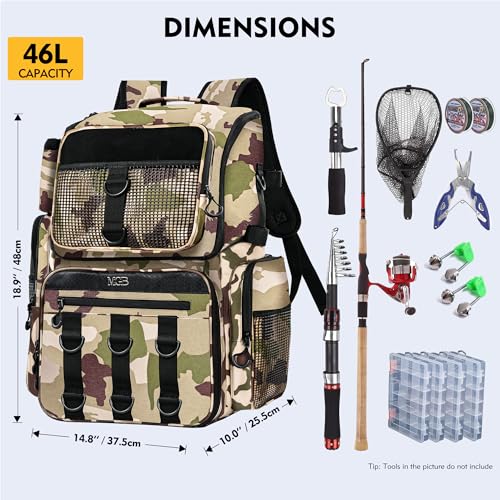 MGB 46L Fishing Tackle Backpack with 2 Rod Holders & YKK Zipper Storage Fishing Gear and Equipment, Gifts for Men Father - color: Brown Camo（without Tackle Box）