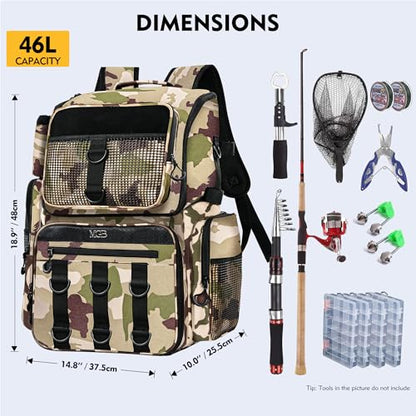 MGB 46L Fishing Tackle Backpack with 2 Rod Holders & YKK Zipper Storage Fishing Gear and Equipment, Gifts for Men Father - color: Brown Camo（without Tackle Box）