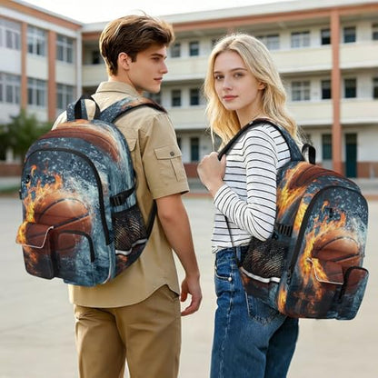 Bolaz Basketball Water Flame Travel Backpack 14 Inch Laptop Computer Bag Sturdy School Bag College Bookbag