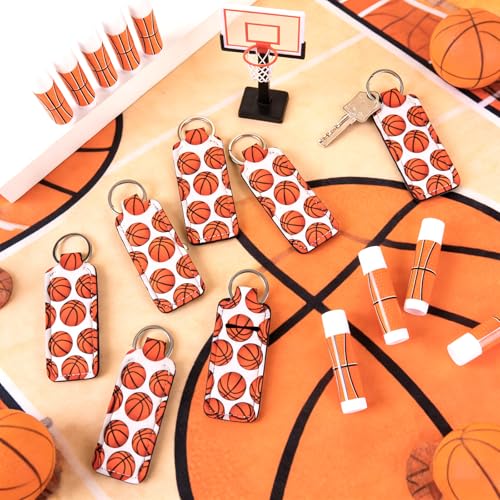 24 Sets Basketball Party Favors Lip Balm and Lipstick Holder Keychain Bulk Sport Ball Team Gifts Natural Moisturizing Lip Balm Keychains Portable Pouch for Team Basketball Sports Party Supplies - style: Basketball