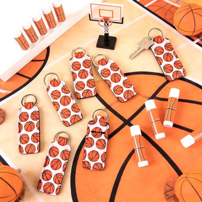24 Sets Basketball Party Favors Lip Balm and Lipstick Holder Keychain Bulk Sport Ball Team Gifts Natural Moisturizing Lip Balm Keychains Portable Pouch for Team Basketball Sports Party Supplies - style: Basketball