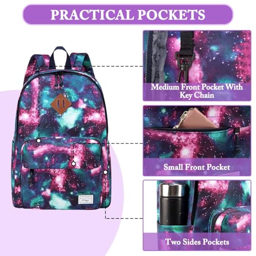 Kasqo School Backpack, 15.6 Inch Classic Lightweight Water-Resistant 17.8L Bookbag Daypack for Men Women Schoolbag for Teens Girls Boys Kids College,Travel,Work,Galaxy - color: Purple Galaxy