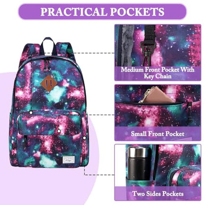 Kasqo School Backpack, 15.6 Inch Classic Lightweight Water-Resistant 17.8L Bookbag Daypack for Men Women Schoolbag for Teens Girls Boys Kids College,Travel,Work,Galaxy - color: Purple Galaxy