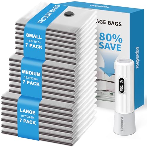 Mapambo Vacuum Seal Bags for Clothing Travel with -60000Pa LED Pump, 21 Pack Travel Cordless Vacuums Bag Set with Pump in 3 Combo Sizes. Vacuums Storage Bags for Clothes (21 Combo) - size: 21 Combo