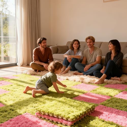 Thickened Plush Foam Interlocking Floor Carpet Mat,24 Piece 12x12in Fluffy Square Puzzle Foam Carpet Tiles with Edgings,Soft Anti-Slip Shaggy Area Rug Playmat(Color:Rose red+Green) - color: Rose Red+green