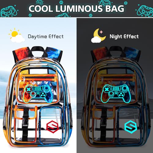 DIGOBAY 3PCS Cool Luminous Clear Backpack for Boys Kids, Gamer Clear Bookbag for School, See Through PVC Transparent Backpacks with Lunch Bag Pencil Case, Backpack Heavy Duty for School Stadium - color: Red-blue Flame