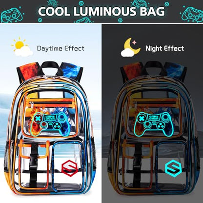 DIGOBAY 3PCS Cool Luminous Clear Backpack for Boys Kids, Gamer Clear Bookbag for School, See Through PVC Transparent Backpacks with Lunch Bag Pencil Case, Backpack Heavy Duty for School Stadium - color: Red-blue Flame