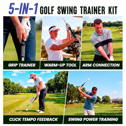 5-in-1 Golf Swing Trainer for Right-Handed Golfers with Click Feedback, Retractable Training Aid, Grip Trainer & Arm Band, Improve Tempo & Swing Path, Indoor Outdoor Practice - color: Black