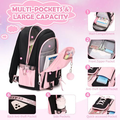 ACESAK Backpacks for Girls, Girls Backpack with Lunch Box and Pencil Case for Teen Kids Elementary Middle High School College Student, Children School Backpack Bookbag with USB Charging Port (Pink) - color: Black & Pink