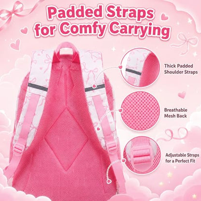 LEDAOU Girls Boys Backpack with Lunch Box, 3-Piece School Bookbag Set - color: Pink Bow