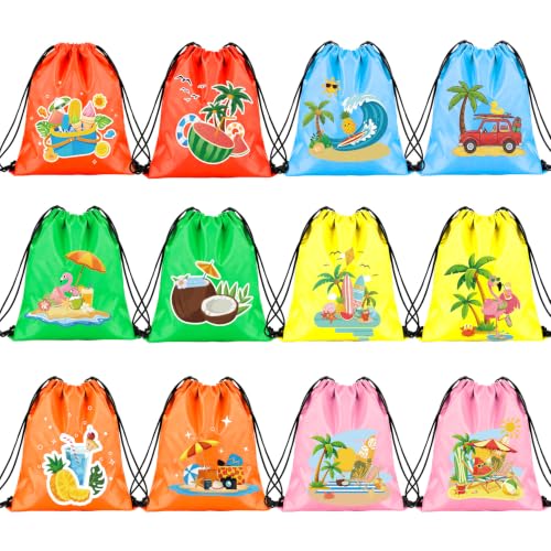 12PCS Summer Pool Birthday Party Gift Treat Goodie Bags for Kids | Lightweight Reusable Drawstring Backpacks for Hawaiian Travel Vacation Beach & Gym for Boys Kids Birthday（11.8 x 9.8 Inch） - color: Hello Summer Bags-12pcs