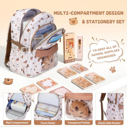 Capybara Theme Backpack for School Girls, 35PCS Kids Backpack Set with School Supplies Stationery Kit Lunch Box Pencil Case, Cute Girls Bookbag for Kindergarten Elementary Student - color: Beige