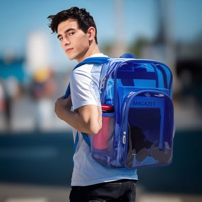Clear Backpack School Bag Stadium Approved Heavy Duty Large PVC Laptop Transparent Backpack See Through for Sports, Work, Stadium, Security, Travel, College - H18''xW14''xD8“ - color: Deep Blue