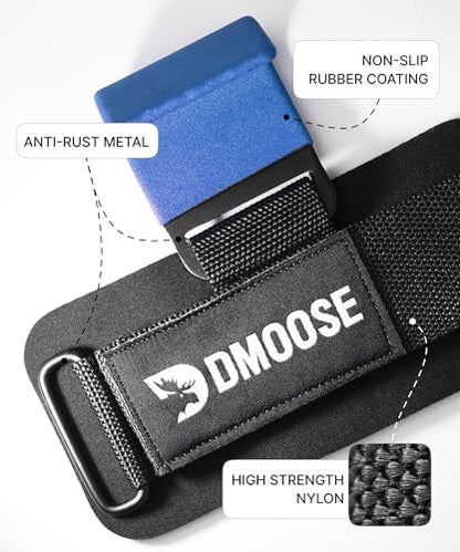 DMoose Fitness Weight Lifting Hooks (Pair) for Deadlifts, Pull Ups, Rows & Shrugs - Anti-Rip Nylon Strap Hand Grips with Thick Wrist Padding - Heavy Duty Wrist Straps for Weightlifting & Gym Workouts - color: Blue