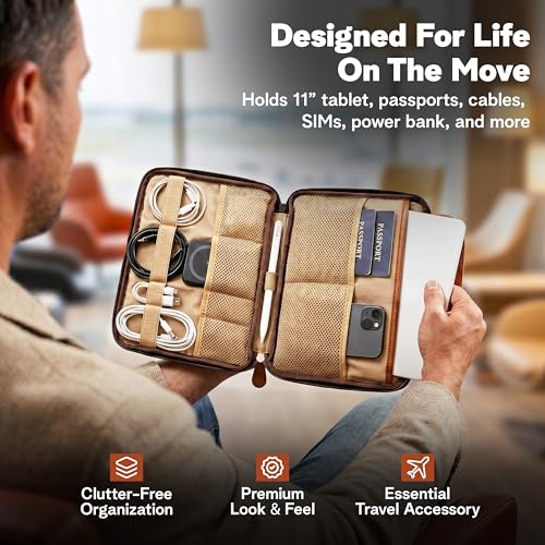 rofozzi Vegan Leather Travel Tech Pouch, Electronics & Cable Case Organizer with Padded 11-Inch Tablet Sleeve and Passport Pockets - color: Caramel