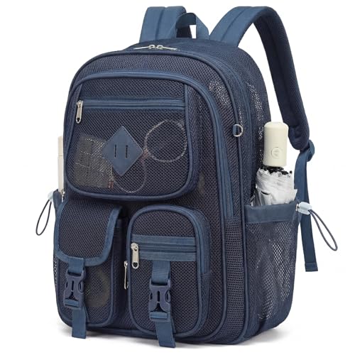 Mesh Backpack for Boys, Women Girls Mesh Bookbags Heavy Duty Semi-Transparent School Bag Net Back Pack for Travel, Beach, Swimming, Work - Navy Blue - color: Navy Blue
