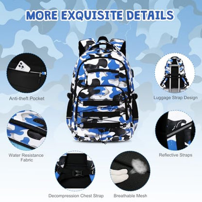 ACESAK Camo Backpack for Boys, Tactical Kids Backpack Boys, School Bags for Boy Children Teens Kids Elementary Middle High School, Military Bookbag and Lunch Bag Pencil Case Set with USB Charging Port - color: Blue White