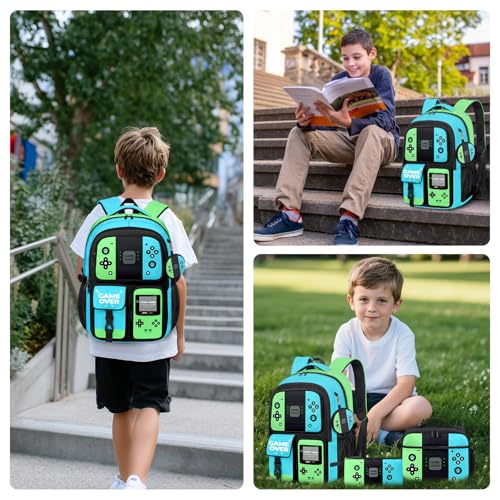 Gamer Backpack for Boys, 4pcs Gaming Boys Backpack with Lunch Box and Pencil Case for Kids, Video Gamer School Bags - color: Green