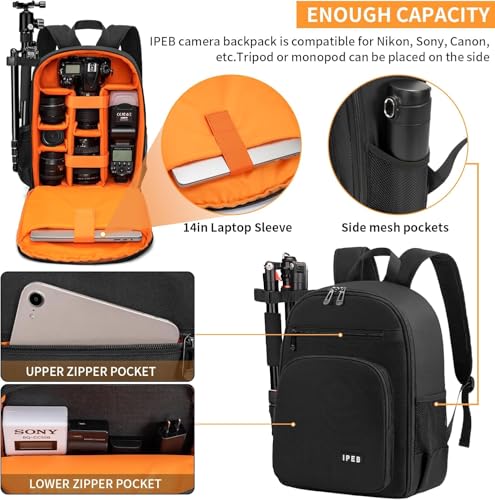 Camera Backpack for Photographers, DSLR Camera Bag, Professional Photography Case with 13.5 Inch Laptop Compartment & Tripod Holder & Waterproof Rain Cover Compatible for Sony Canon Nikon Black - color: Black Orange