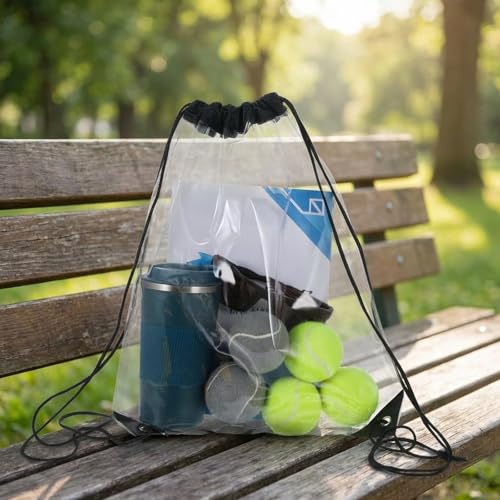 Clear Drawstring Bag 17x13in Transparent Backpack | Clear Bag for Stadium Pvc Men And Women for Baseball Festival Beach Makeup Gym(2, Black)