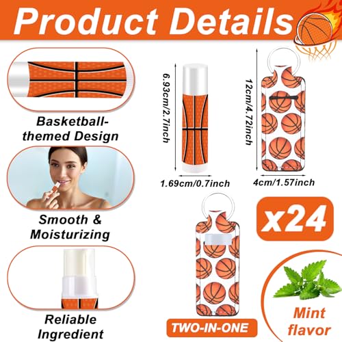 24 Sets Basketball Party Favors Lip Balm and Lipstick Holder Keychain Bulk Sport Ball Team Gifts Natural Moisturizing Lip Balm Keychains Portable Pouch for Team Basketball Sports Party Supplies - style: Basketball