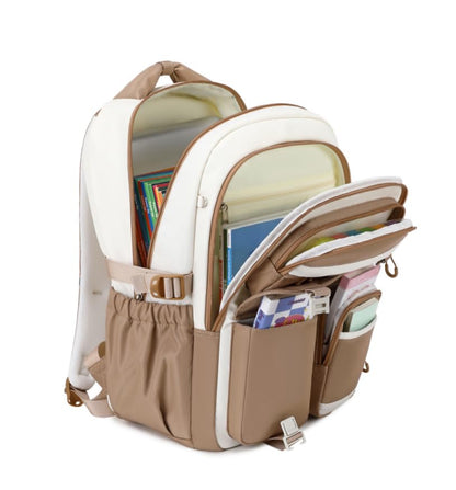 MUSEVOS Kids Teenage Girls Backpack, Elementary/Middle/High Schoolbag, Multi-Compartment Water-resistant Cute Bookbag, 17inch - color: Khaki-white