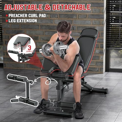 XDDIAS Workout Bench, Adjustable Weight Bench with Leg Extension and Leg Curl, Extended Headrest, 900LBS Preacher Curl Bench Incline Decline Flat Workout Bench for Home Gym Full Body Exercise - color: Black+Glossy