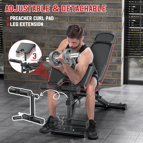 XDDIAS Workout Bench, Adjustable Weight Bench with Leg Extension and Leg Curl, Extended Headrest, 900LBS Preacher Curl Bench Incline Decline Flat Workout Bench for Home Gym Full Body Exercise - color: Glossy+70LBS Plates
