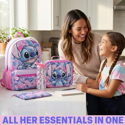 Get Trend Disney Stitch Kids Backpack 4 Piece Set | 18 inch Bookbag, Insulated Lunch Bag, Zipped Pencil Case & BPA-Free Water Bottle for School & Travel, Gifts for Girls - color: Multi Stitch