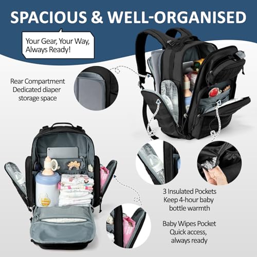 MIRACOL Outdoor Military Diaper Bag: Tactical Style Baby Backpack with Insulated Pockets & Changing Pad - Hiking Camping Essentials for Active Dads - color: Black W/ Changing Mat