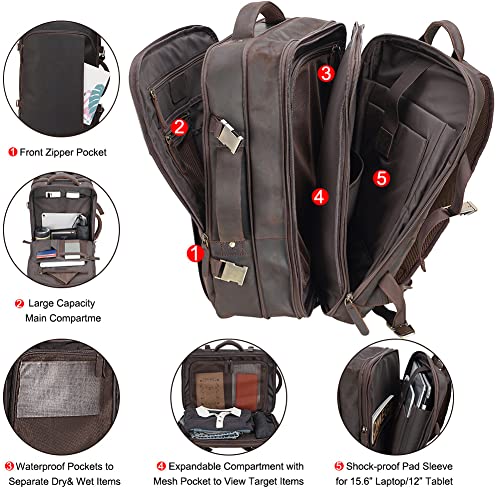 Masa Kawa Leather 15.6 Inch Laptop Backpack for Men Expandable 36L Business Travel Rucksack Daypack Weekender Bag - color: Brown