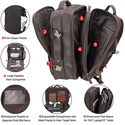 Masa Kawa Leather 15.6 Inch Laptop Backpack for Men Expandable 36L Business Travel Rucksack Daypack Weekender Bag - color: Brown