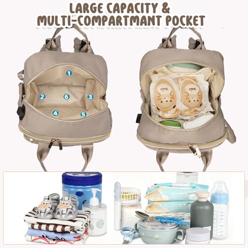 Diaper Bag Backpack, Waterproof Large Baby Bag with Changing Pad, Khaki | Baby Diaper Bag, Stylish, Large Capacity, with Changing Pad, with USB Port, Stroller Strap, Pacifier Case, Travel Essentials - color: Khaki