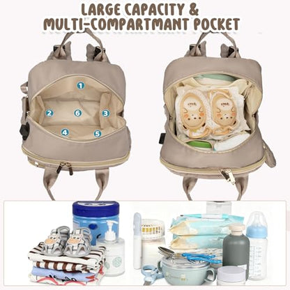 Diaper Bag Backpack, Waterproof Large Baby Bag with Changing Pad, Khaki | Baby Diaper Bag, Stylish, Large Capacity, with Changing Pad, with USB Port, Stroller Strap, Pacifier Case, Travel Essentials - color: Khaki