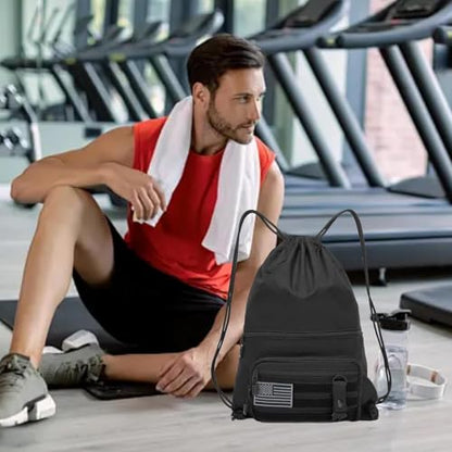 seyfocnia Drawstring Backpack Tactical String Bag with Zipper Pockets Waterproof Cinch Bag Sport Gym Sackpack - Black - color: Black, style: Leisure