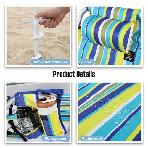 Nice C Beach Chair with Umbrella, Backpack Stripe Beach Chair for Adults, Sand Chair, High Back Lake Chairs, Sillas De Playa with Cooler, Cup Holder & Heavy Duty (Set of 1)