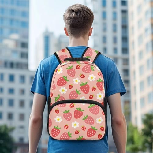 Pink Strawberry Floral Print Trendy All-Over Print Laptop Backpack for Girls & Boys - Durable Polyester School Bagpack with Two Mesh Side Pockets, Padded Shoulder Straps (17.3x12.2x5.9in) - color: Pink Strawberry Floral Print