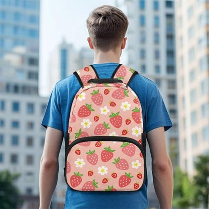 Pink Strawberry Floral Print Trendy All-Over Print Laptop Backpack for Girls & Boys - Durable Polyester School Bagpack with Two Mesh Side Pockets, Padded Shoulder Straps (17.3x12.2x5.9in) - color: Pink Strawberry Floral Print