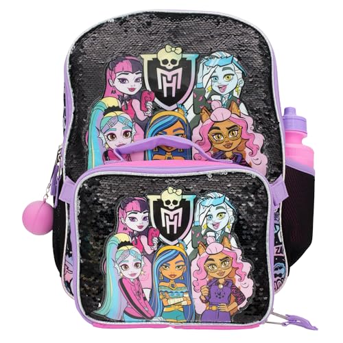 AI ACCESSORY INNOVATIONS Monster High 4 Piece Backpack Set, Clawdeen Wolf, Cleo DeNile, Dracularua, Frankie Stein, & Lagoona Blue Bookbag, Flip Sequins 16” School Bag, Black & Pink - color: Monster High