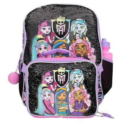 AI ACCESSORY INNOVATIONS Monster High 4 Piece Backpack Set, Clawdeen Wolf, Cleo DeNile, Dracularua, Frankie Stein, & Lagoona Blue Bookbag, Flip Sequins 16” School Bag, Black & Pink - color: Monster High