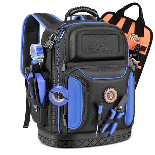 Tool Backpack Bag, Durable Electrician Backpack Tool Bag for HVAC with Waterproof Molded Base, Construction Work Heavy Duty Tools Organizer Bags with Combination Lock Large - Blue - color: Blue