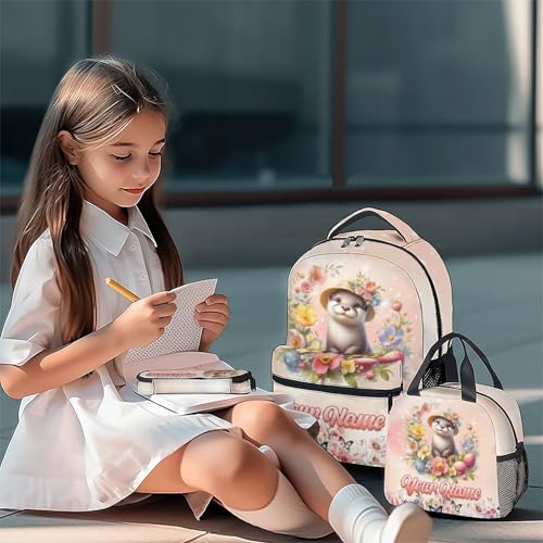 Mercuryelf Personalized Backpack for Girls, Otter 3PCS Kids Backpack Set with Lunch Bag & Pencil Case; 17 Inch Water Resistant School Bookbag for Elementary Kindergarten - color: Pink