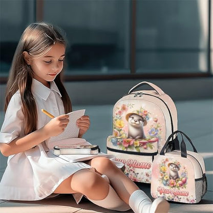 Mercuryelf Personalized Backpack for Girls, Otter 3PCS Kids Backpack Set with Lunch Bag & Pencil Case; 17 Inch Water Resistant School Bookbag for Elementary Kindergarten - color: Pink