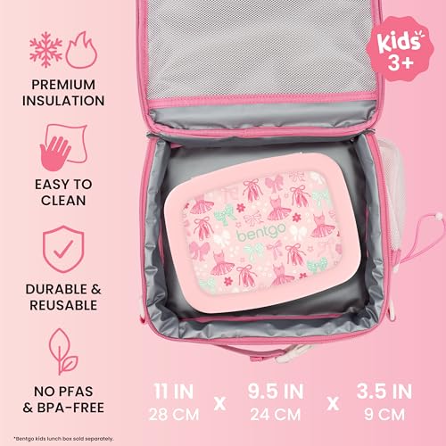 Bentgo Kids Prints Lunch Bag - Double-Insulated, Reusable, for Kids 3+, Adjustable Strap; Holds Lunch Box/Water Bottle/Snacks; Easy-Clean, Water-Resistant, Pockets (NEW Ballet & Bows) - color: Ballet & Bows