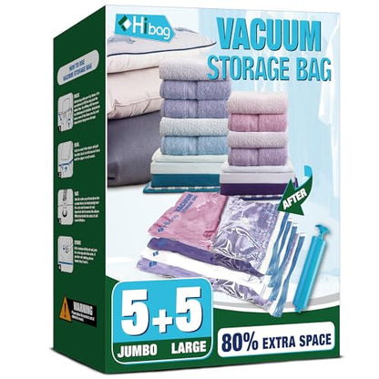 HIBAG Vacuum Storage Bags, 10 Space Saver Bags, Polyethylene (PE), Jumbo & Large Sizes, Zipper Closure, Vacuum Sealed, Ideal for Clothing & Bedding - size: 5 Jumbo 5 Large