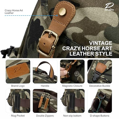 Padwa Lifestyle Camouflage Canvas Camera Backpack - Professional DSLR & UAV Camera Bag,Anti Theft Camera Backpack with Rain Cover,Large Capacity Photography Travel Camera Bag with Multi Compartments - color: Camouflage Canvas, style: Canvas Bag Flap