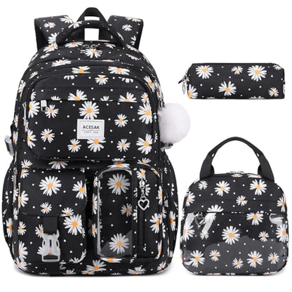 ACESAK Backpack for Girls - Girls Backpack with Lunch Bag & Pencil Pouch for Teen Kids Laptop Backpack for Women, Elementary Middle High School Bookbag Travel Daypack (Black Daisy) - color: Black Daisy