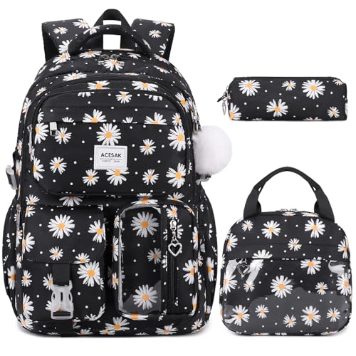 ACESAK Backpack for Girls - Girls Backpack with Lunch Bag & Pencil Pouch for Teen Kids Laptop Backpack for Women, Elementary Middle High School Bookbag Travel Daypack (Black Daisy) - color: Black Daisy