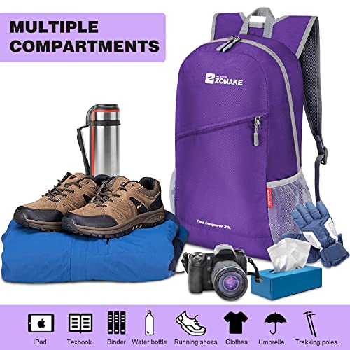 ZOMAKE Lightweight Packable Backpack 20L,Foldable Backpacks Small Daypack for Hiking Water Resistant Day Bag for Travel(Purple) - color: Purple